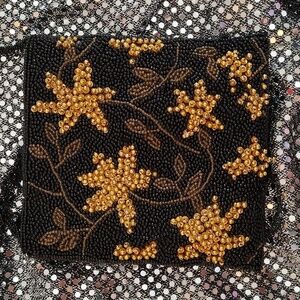 BEADED BLACK and GOLD  EVENING BAG. 6" x 5". CLEAN!